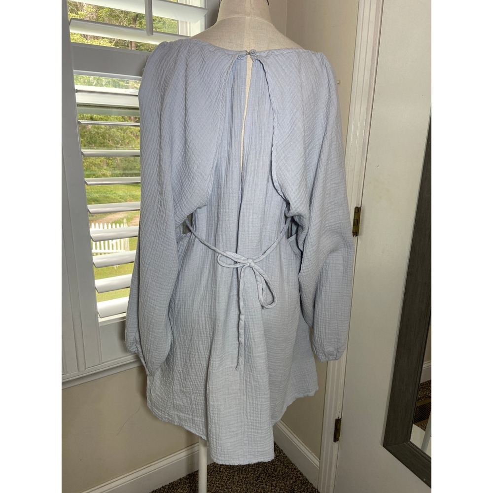 Boho Cotton Gauze Mini Dress XL Baby Blue Tie Pocket Bubble Hem Fairycore Tunic - Picture 3 of 7